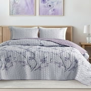 Comfort Spaces Reversible Full/Queen Quilt Set Gray/Purple Lightweight Microfiber Vermicelli Stitching Bedspread, 3pcs