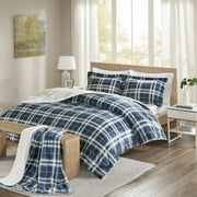 Comfort Spaces Sherpa Down Alternative Comforter Sets 3-Piece Plaid Print Bedding Set with Throw Navy Blue , Twin