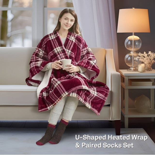 Comfort Spaces Sherpa Electric Throw Wrap with Sock Set Heated Wearable