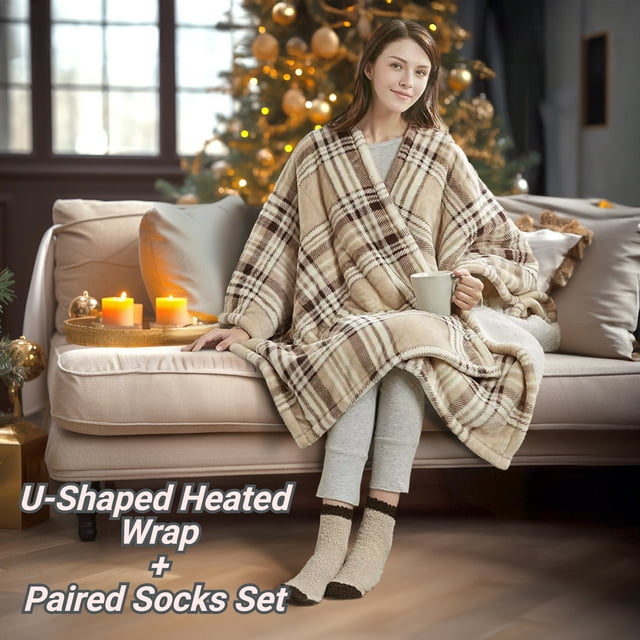 Comfort Spaces Sherpa Electric Throw Wrap with Sock Set Heated Wearable