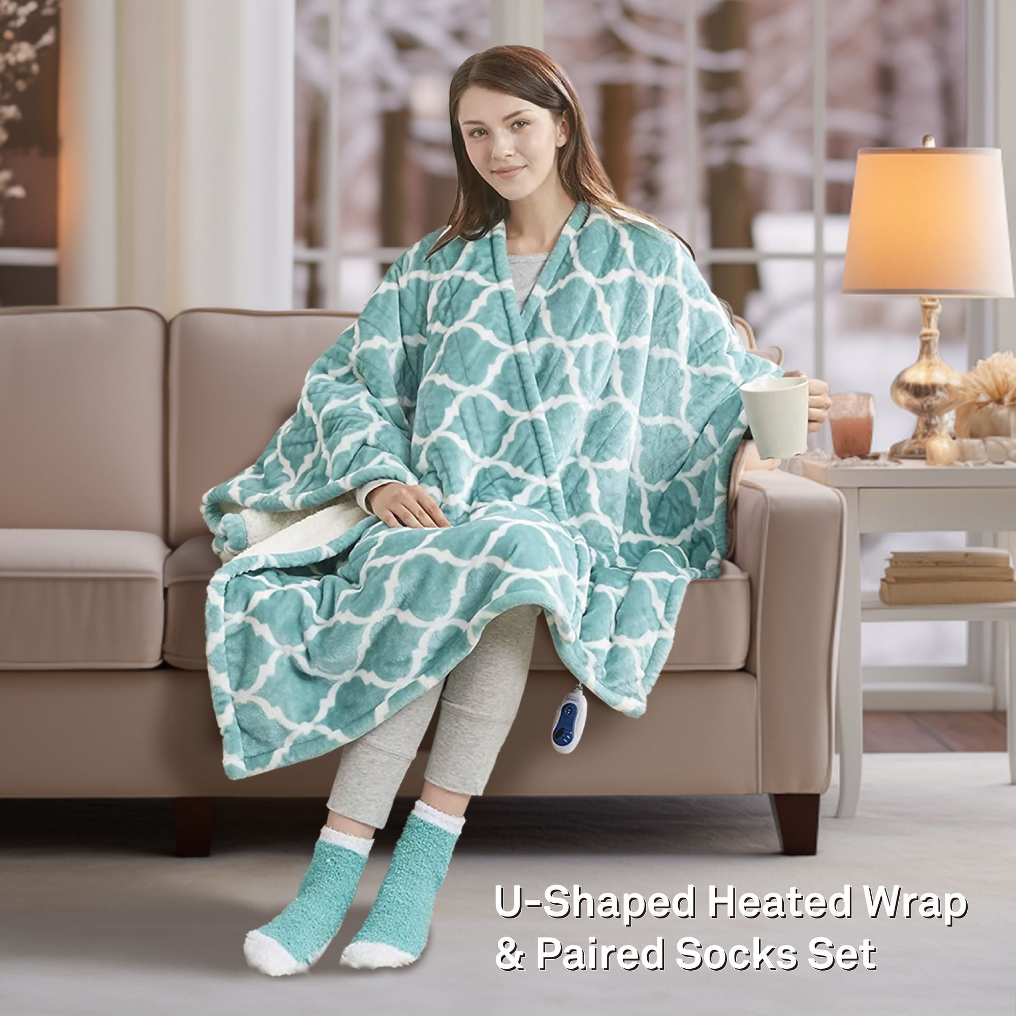 Free Shipping Comfort Spaces Sherpa Electric Throw Wrap with Sock Set Heated Wearable Blanket Wrap Reversible Aqua 50 x64 Walmart