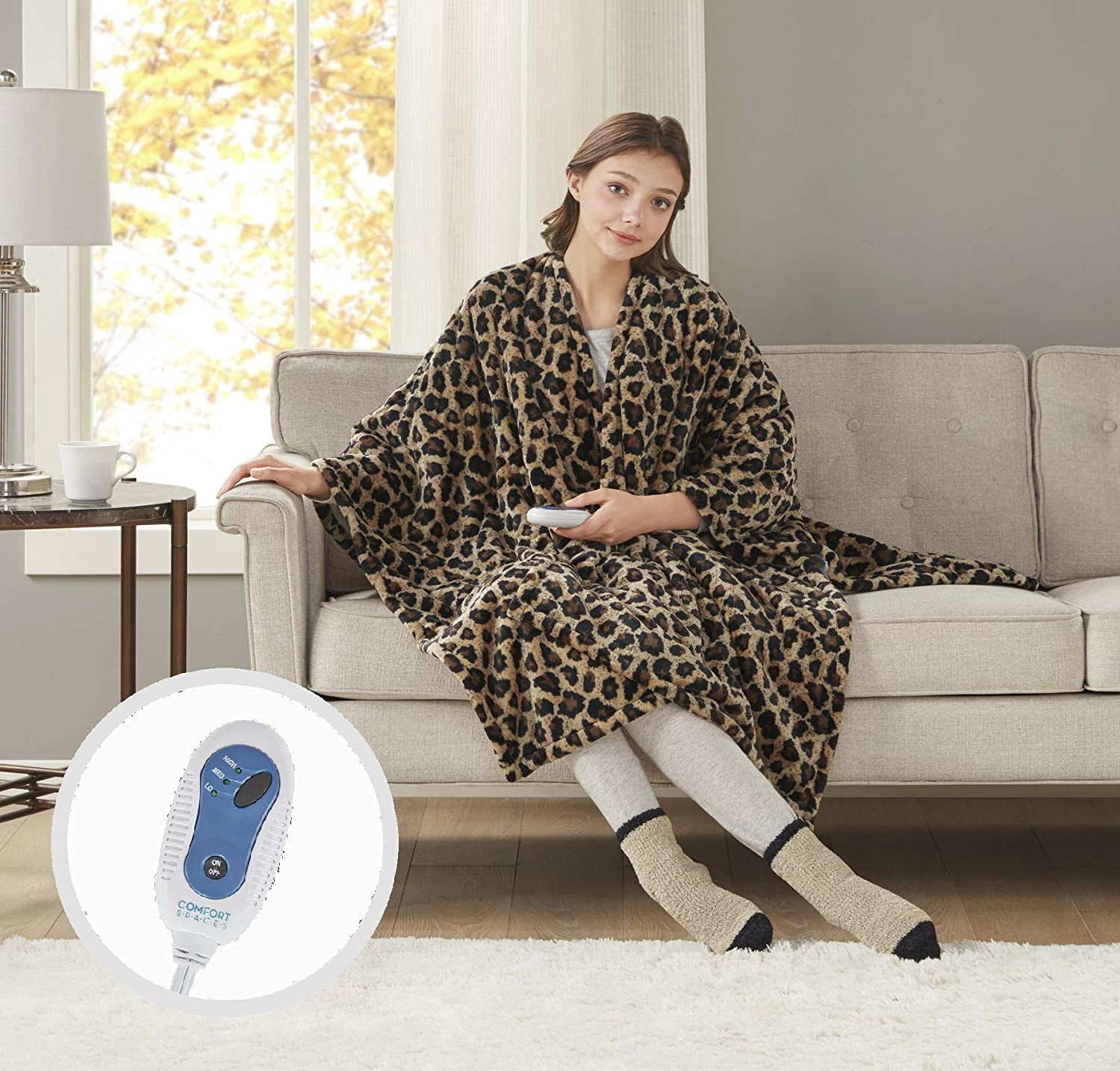 Comfort Spaces Soft Sherpa Heated Wrap Animal Print Reversible Electric  Throw Wrap with Sock, 50x64 - Walmart.com