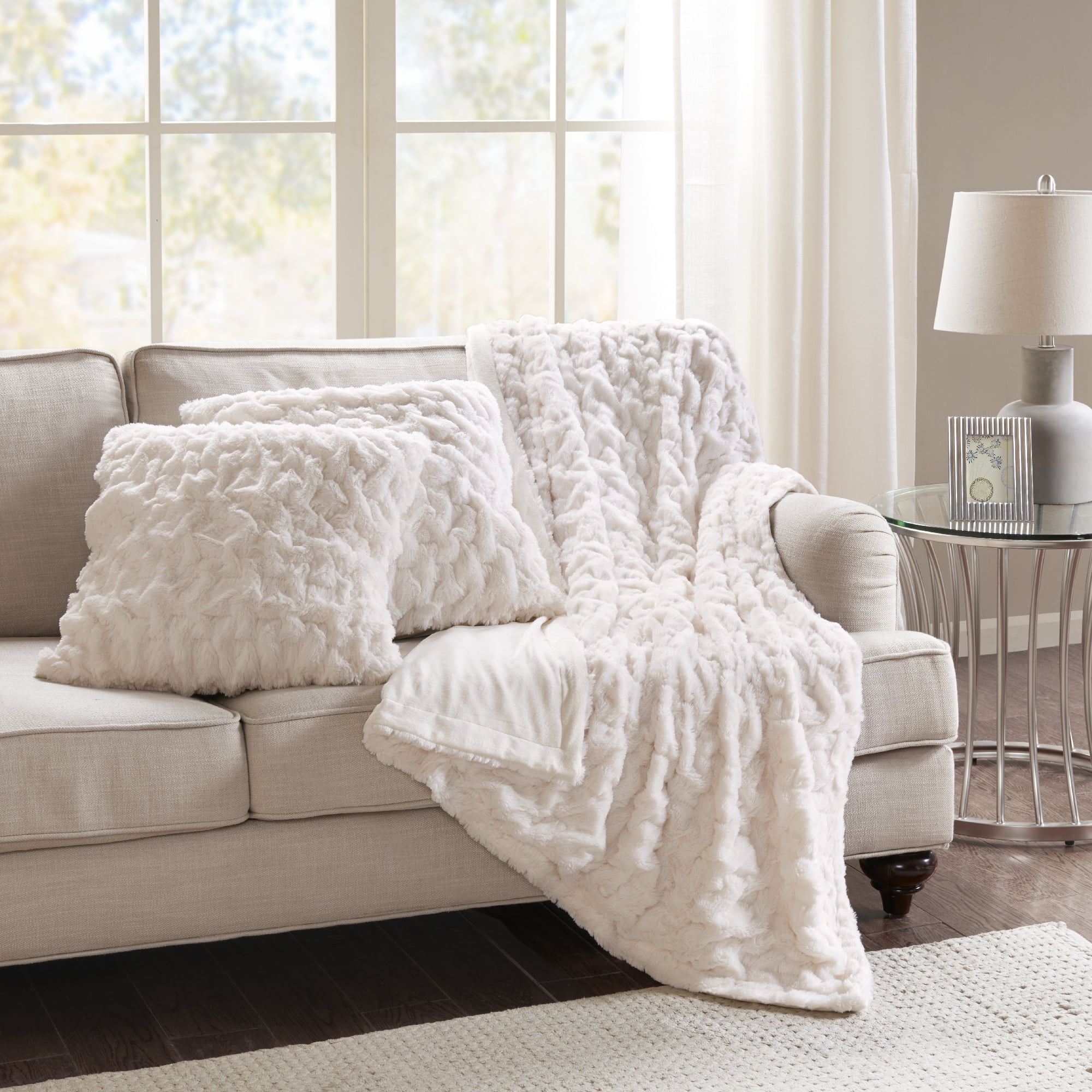 Ivory 50" x 60" Reversible Sherpa Faux Fur Throw Blanket Set