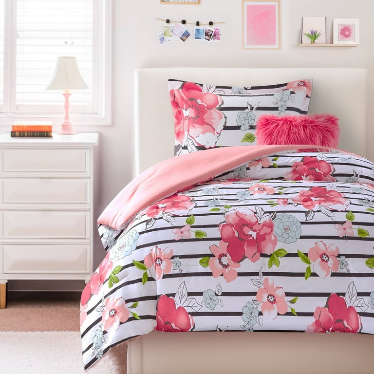 Comfort Spaces Twin Twin XL Size Comforter Sets 3 Piece Floral Bed Sets for All Season Pink and Black Dorm College Bedding Comforter Sets for Girls