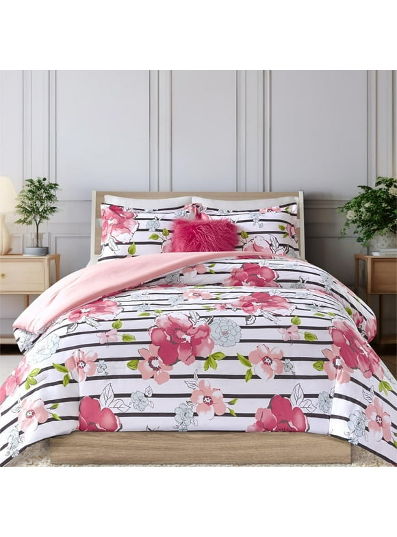 Comfort Spaces Spring 4-Piece Full/Queen Comforter Set Microfiber Pink Striped Floral Reversible Bedding Ste