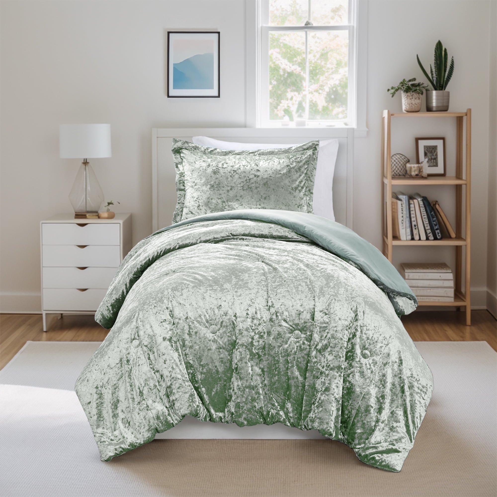 Twin Sage Green Velvet Down Alternative Comforter Set