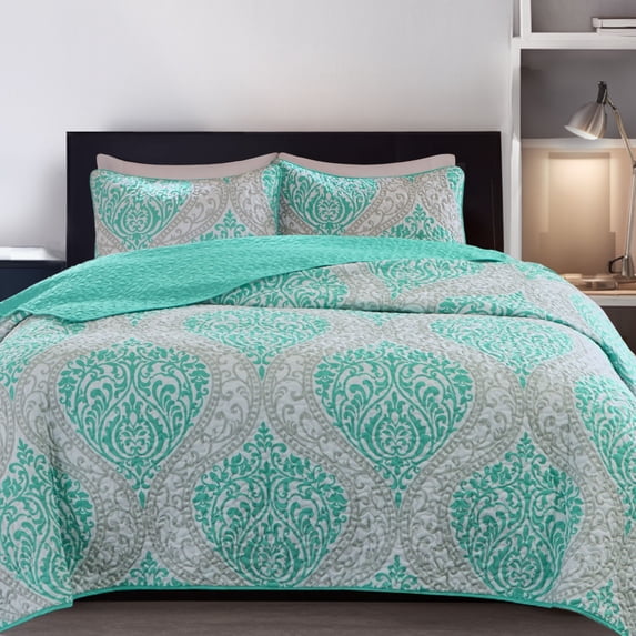 Comfort Spaces Twin/Twin XL Quilt Set 2-Piece Printed Damask Pattern Reversible Bedding, Teal/Gray