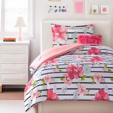 Comfort Spaces Twin/Twin XL Size Comforter Sets, 3-Piece Floral Bed Sets for All Season, Pink and Black Dorm College Bedding Comforter Sets for Girls