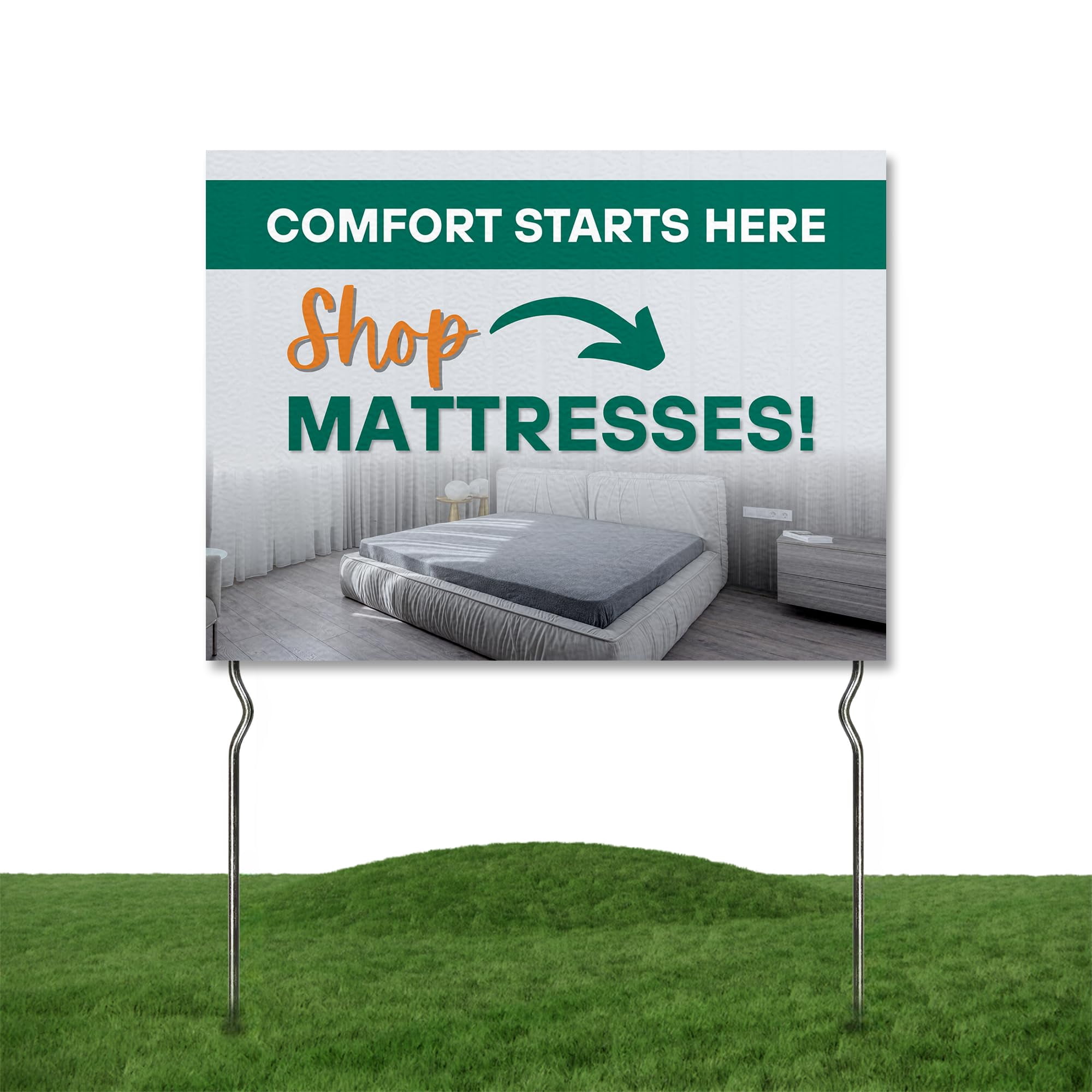 Comfort Starts Here - Shhop Mattresses! Yard Sign by DC | 24"x18" Double Sided Furniture Garden Sign with 13” Metal Stakes | Outdoor Signs Waterproof for Lawn, Patio, Sidewalk & House | Set of 5