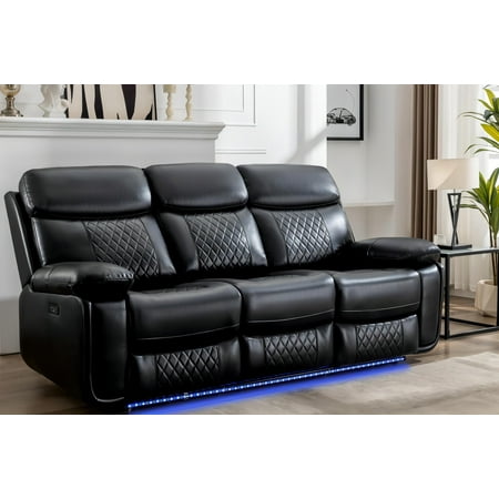 Comfort Stretch 3 Seater Power Recliner Chair Sofa Set for Living Room,Faux Leather Electric Black Home Theater Seating Reclining Sofa Couch with Flipped Middle Backrest,LED Light,USB Port,Cup Holders