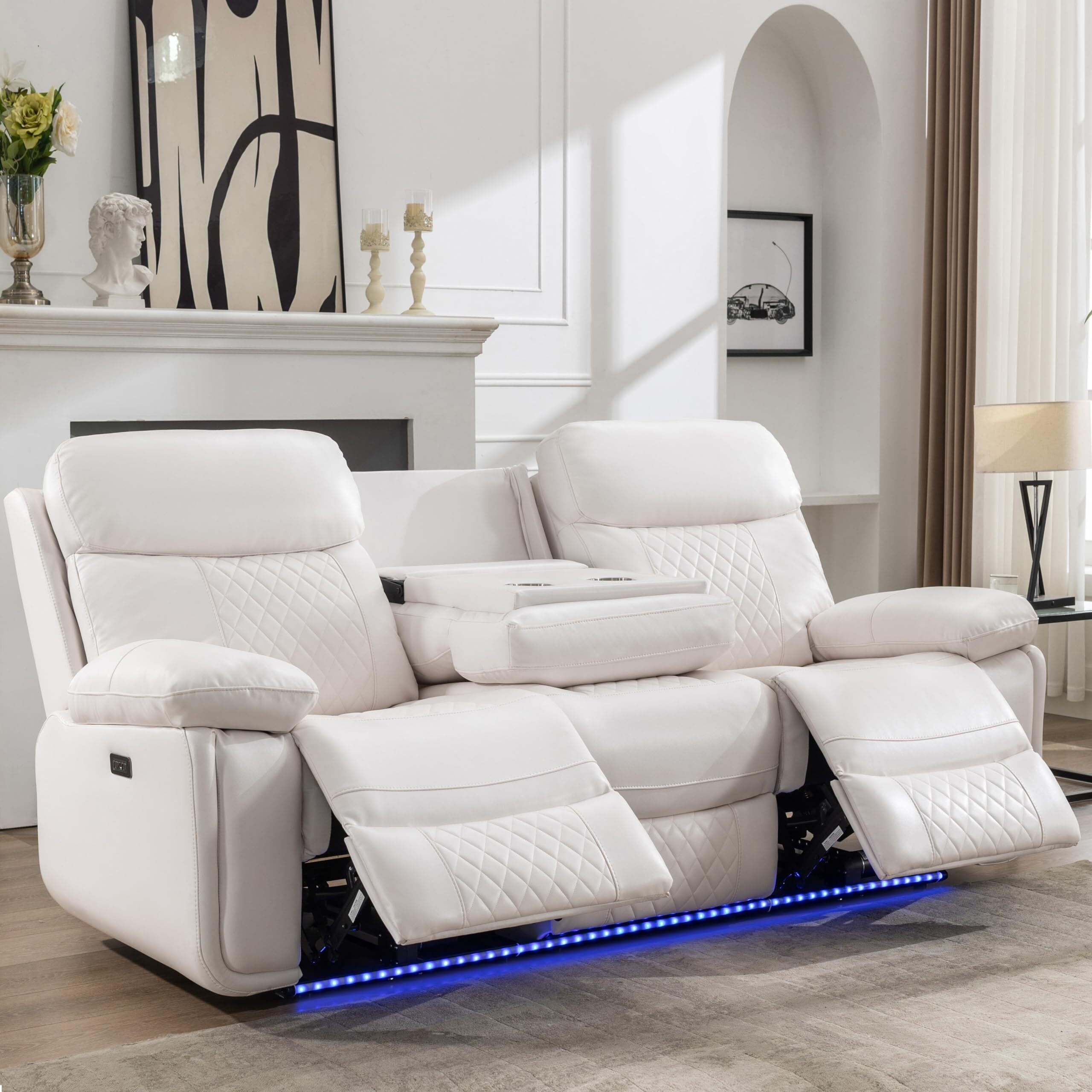 Comfort Stretch 3 Seater Power Recliner Chair Sofa Set for Living Room Faux Leather Electric White Home Theater Seating Reclining Sofa Couch with