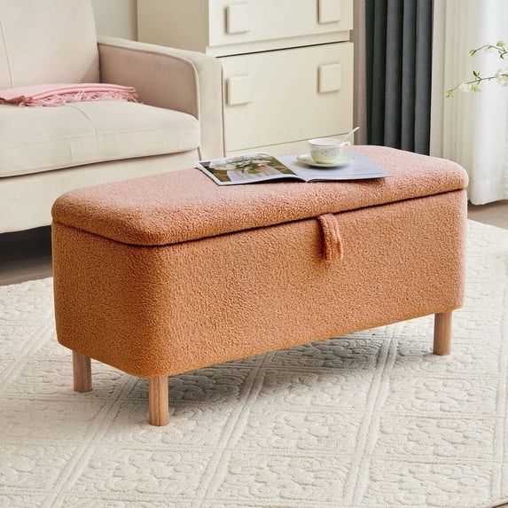 Comfort Stretch 39.3" Length Storage Ottoman Bench for Living Room,Brown Bedroom Bench with Entryway Storage Rectangular Boucle Foot Rest Stool Padded Seat
