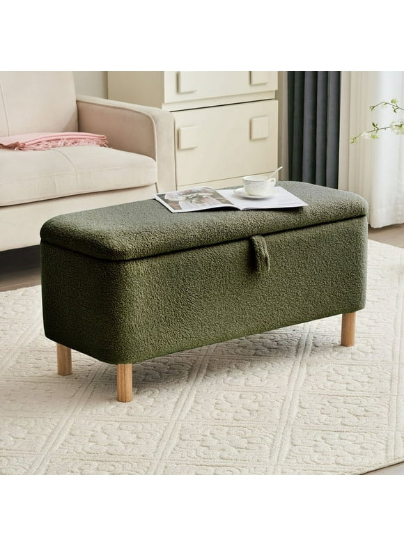 Comfort Stretch 39.3" Length Storage Ottoman Bench for Living Room,Green Bedroom Bench with Entryway Storage Rectangular Boucle Foot Rest Stool Padded Seat