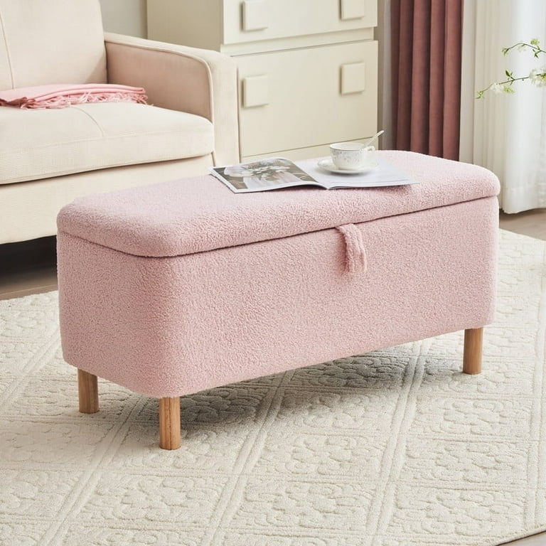 Othniel Modern Boucle Storage Ottoman Bench Large Fabric Seat 39.5 inch for Living Room Bedroom Foot Rest End of Bed Wood Leg Pink