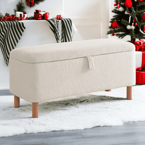 Comfort Stretch 39.3" Length Storage Ottoman Bench for Living Room,White Bedroom Bench with Entryway Storage Rectangular Boucle Foot Rest Stool Padded Seat
