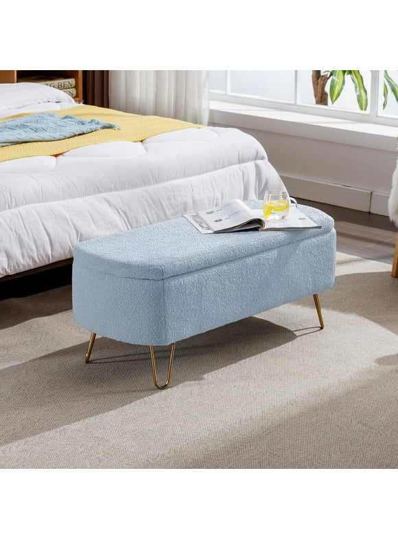 Comfort Stretch 39" Length Storage Ottoman Bench for Living Room,Blue Faux Fur Bedroom Bench with Entryway Oval Storage Upholstered Fabric Footrest Stool Padded Seat with Gold Legs