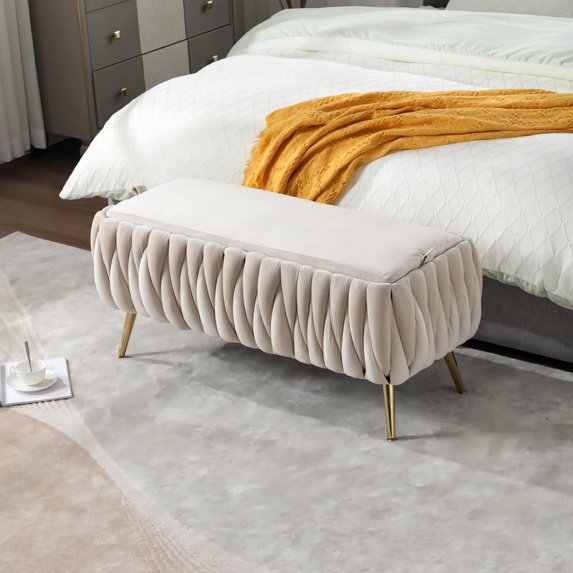 Comfort Stretch 42.13" Length Velvet Storage Ottoman Bench for Living Room,White Bedroom Bench with Entryway Storage Rectangular Upholstered Fabric Footrest Stool Padded Seat with Golden Metal Leg