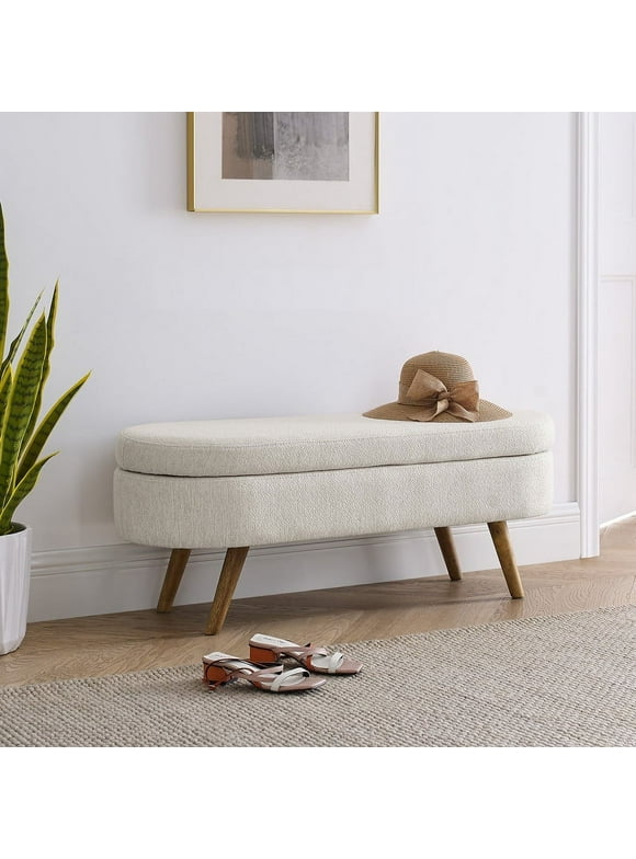 Comfort Stretch 44" Length Storage Ottoman Bench for Living Room,Beige Linen Bedroom Bench with Entryway Oval Storage Upholstered Fabric Footrest Stool Padded Seat with Rubber Wood Leg