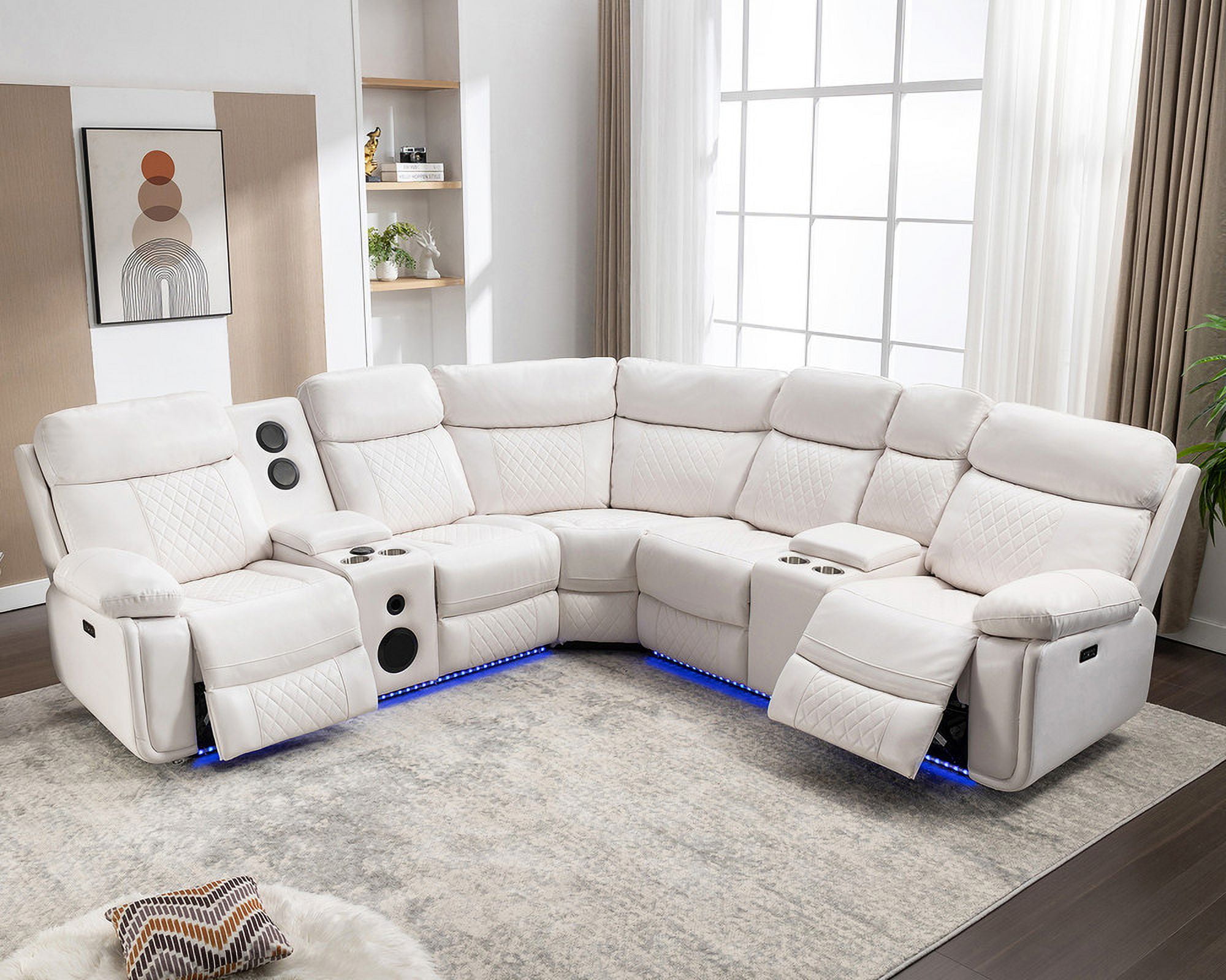 Walmart sales :  Comfort Stretch 5 Seats Power Recliner Sofa Sets with Speaker,White Faux Leather Reclining Sectional Couch for Living Room Furniture Sets with USB Port,Storage Console Cup Holders,LED Lights