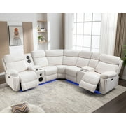 Comfort Stretch 5 Seats Power Recliner Sofa Sets with Speaker,White Faux Leather Reclining Sectional Couch for Living Room Furniture Sets with USB Port,Storage Console Cup Holders,LED Lights