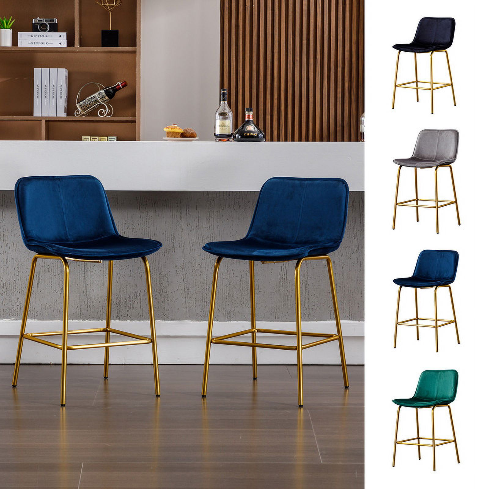 Comfort Stretch Bar Stools Set of 2,Blue Velvet Counter Height