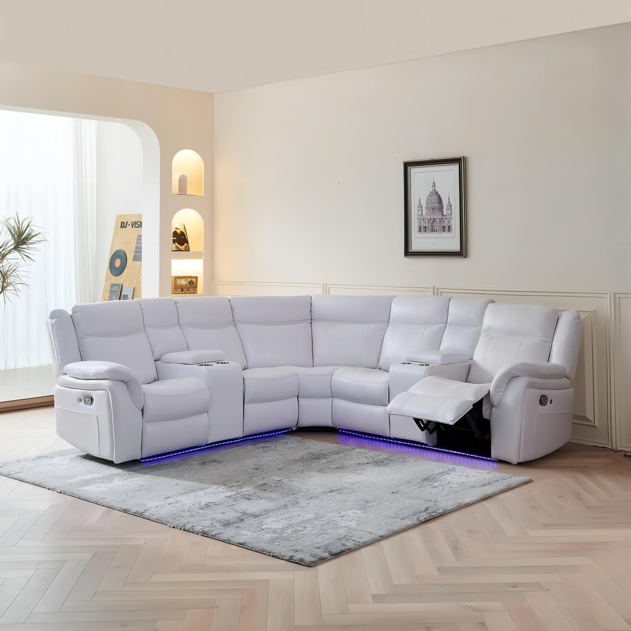 Comfort Stretch Manual Recliner Sofa Sets with LED Lights Faux Leather Reclining Sectional Couch for Living Room Furniture Sets with USB Port Storage