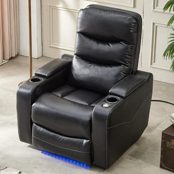 Comfort Stretch Power Recliner Chair for Adults,Electric Black Leather Single Reclining Sofa for Living Room Home Theater Seating with Writing Board,LED Lights,Storage Console,USB Port,Cup Holders