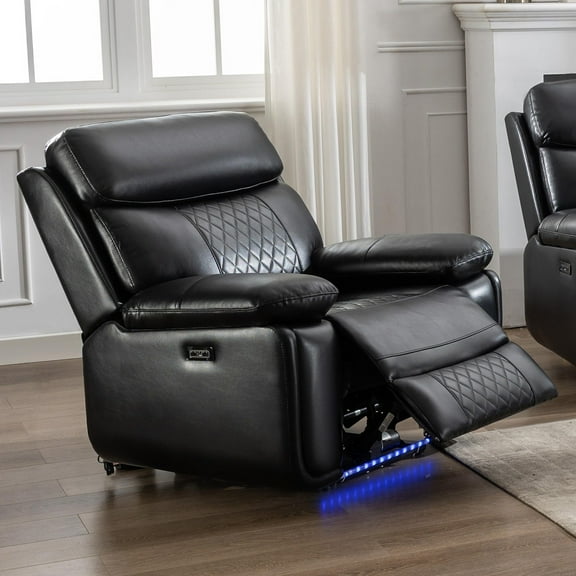 Comfort Stretch Power Recliner Chair for Adults,Electric Single Seater Black Faux Leather Reclining Sofa for Living Room Home Theater Seating with Ambient Lighting,USB Port