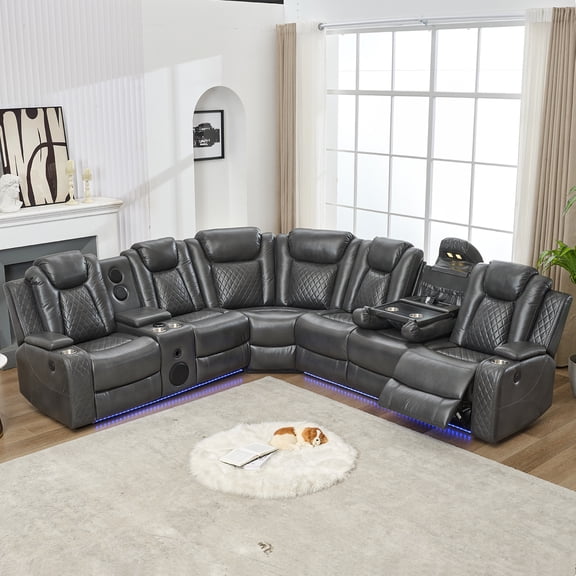 Comfort Stretch Power Reclining Sectional Couch with Bass Speaker,Wireless Charger,LED/Reading Light Gray