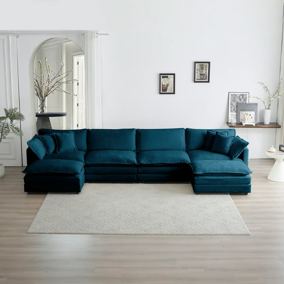 Comfort U Shaped Couch with Reversible Chaise Modular Large U-Shape Sectional Sofa Double Extra Ottomans,Blue Chenille