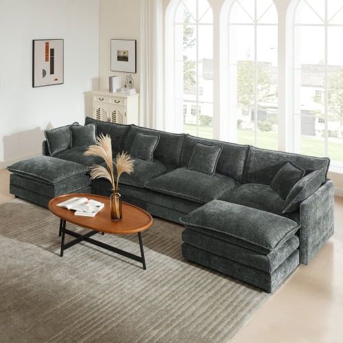 Comfort U Shaped Couch with Reversible Chaise Modular Large U-Shape Sectional Sofa with Double Extra Ottomans, Gray Chenille, 4-Seat + Ottomans, Flexible Design for Living Room, Home Theater