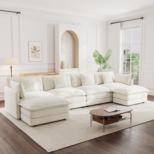 Comfort U Shaped Couch with Reversible Chaise Modular Large U-Shape Sectional Sofa with Double Extra Ottomans, White Chenille, 4-Seat, Flexible Design for Living Room, Home Theater