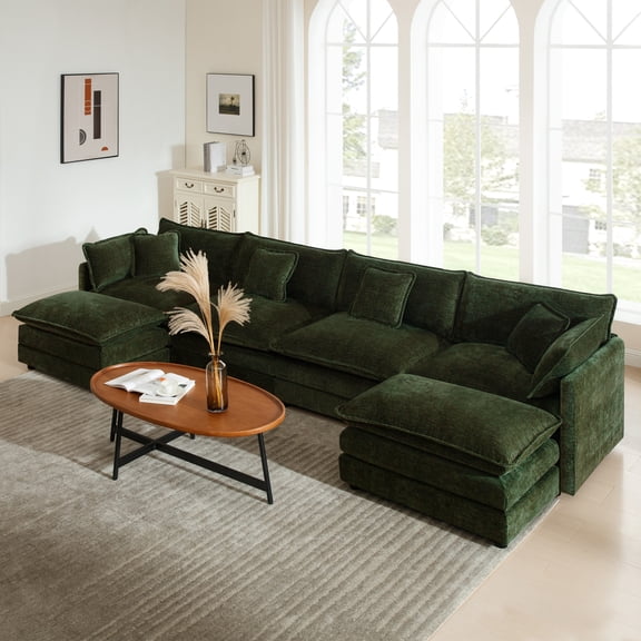 Comfort U Shaped Couch with Reversible Chaise, Modular Large U - Shape Sectional Sofa, Double Ottomans, Green Chenille - Sectional Sofas