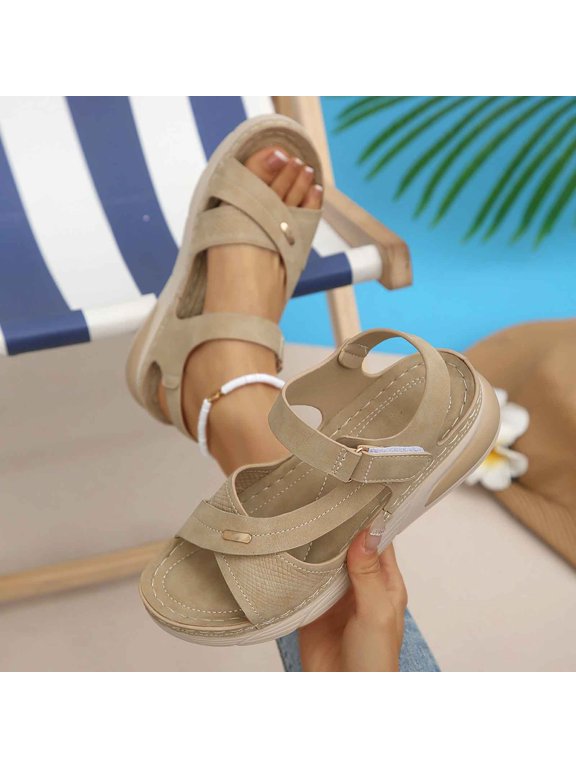 Comfort Walk Orthotic Ladies Sandals, Open Toe Wedge Heel Orthopedic Shoes, Non-Slip Rubber Sole Arch Support Summer Sandals Khaki 7