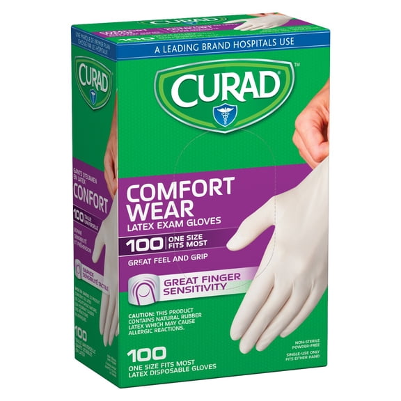 Comfort Wear Latex Exam Gloves, Powder-Free, One Size Fits Most, 100 count