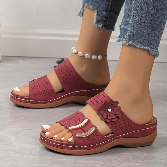 Comfort Womens Slipper Sandals Flower Hollow Walking Flip Flops With Arch Support Breathable Casual Shoes (5.5, Red)
