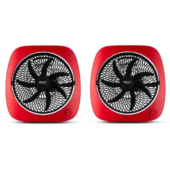 Comfort Zone 110RD Electric Turbo Fan 10 Inch Square Red 3 Speed Adjustable Tilt Quiet Vibration Free Operation Portable Built-In Handle, 2-Pack