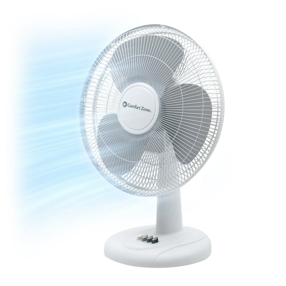 Comfort Zone 12" 3-Speed Quiet Oscillating Table Fan with Adjustable Tilt, White