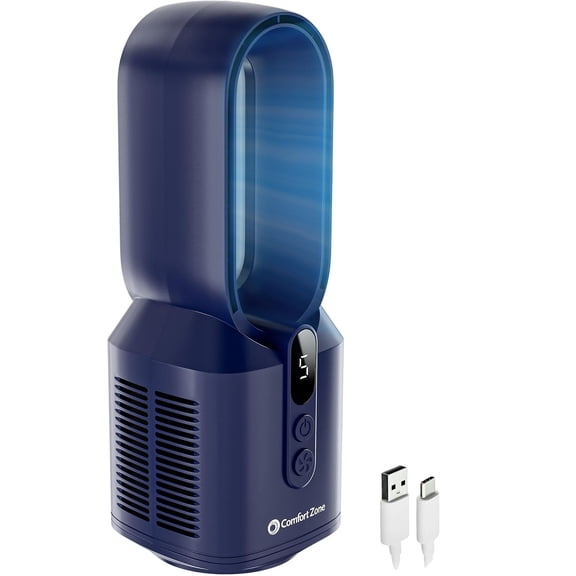 Comfort Zone 14" Rechargeable Bladeless Tabletop Fan, Navy