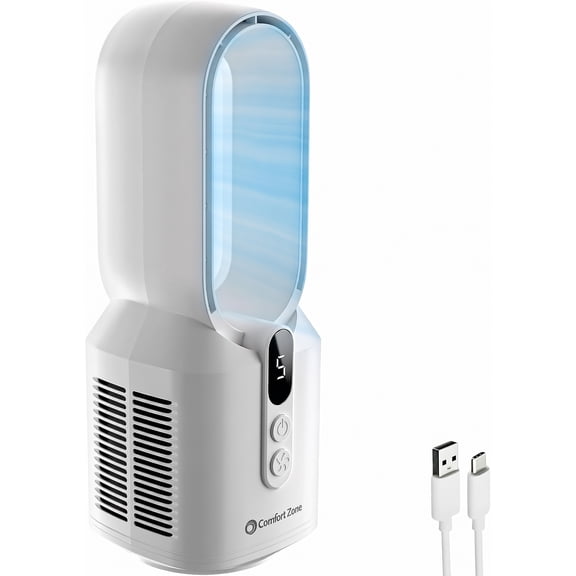 Comfort Zone 14" Rechargeable Bladeless Tabletop Fan, White