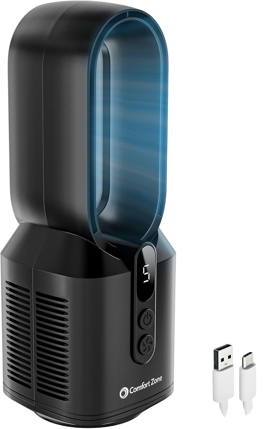 Comfort Zone 14" Rechargeable Bladeless Tabletop Fan, Black