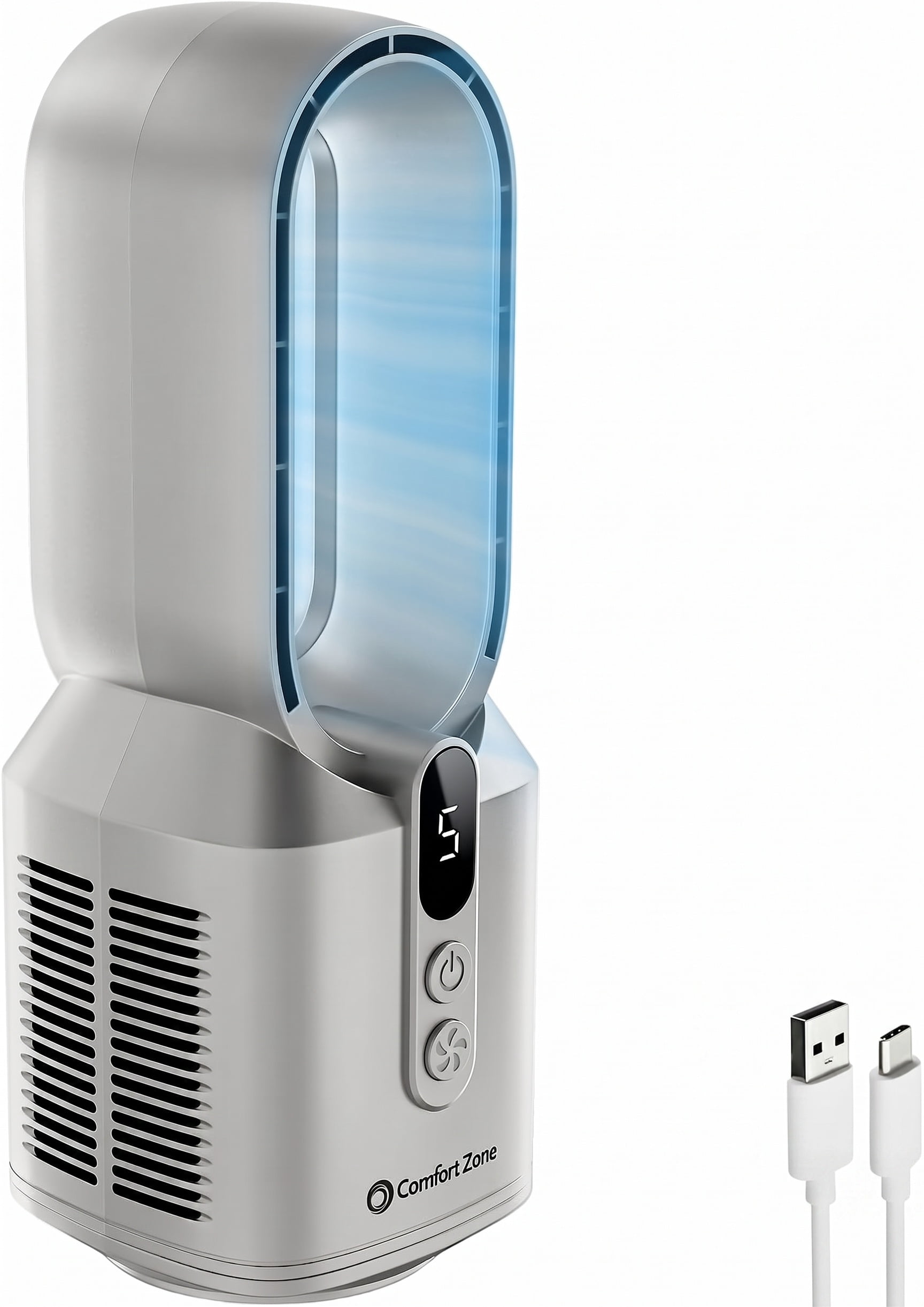 Comfort Zone 14" Rechargeable Bladeless Tabletop Fan, Silver