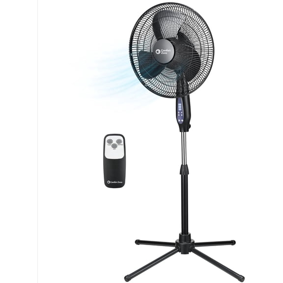 Comfort Zone 16-Inch Oscillating Pedestal Fan with Remote Control 3-Speed High-Velocity Cooling, Adjustable Height & Tilt, Quad-Pod Folding Base, Black ETL Listed