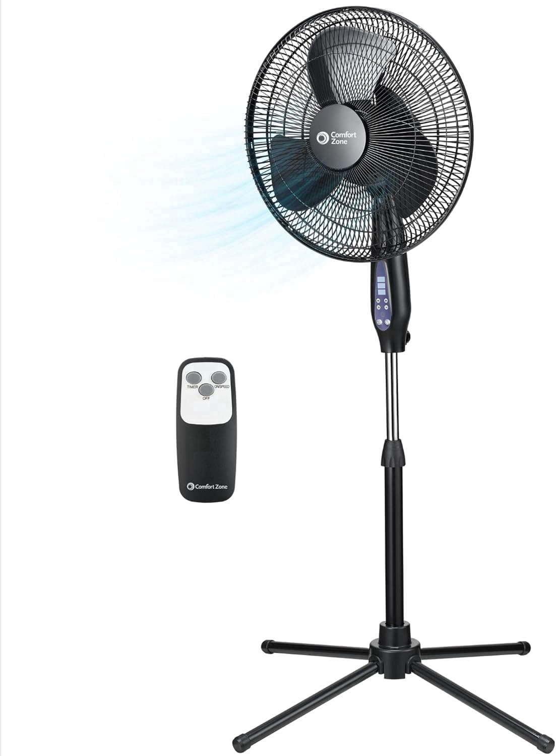Comfort Zone 16-Inch Oscillating Pedestal Fan with Remote Control – 3-Speed High-Velocity Cooling, Adjustable Height & Tilt, Quad-Pod Folding Base, Black – ETL Listed