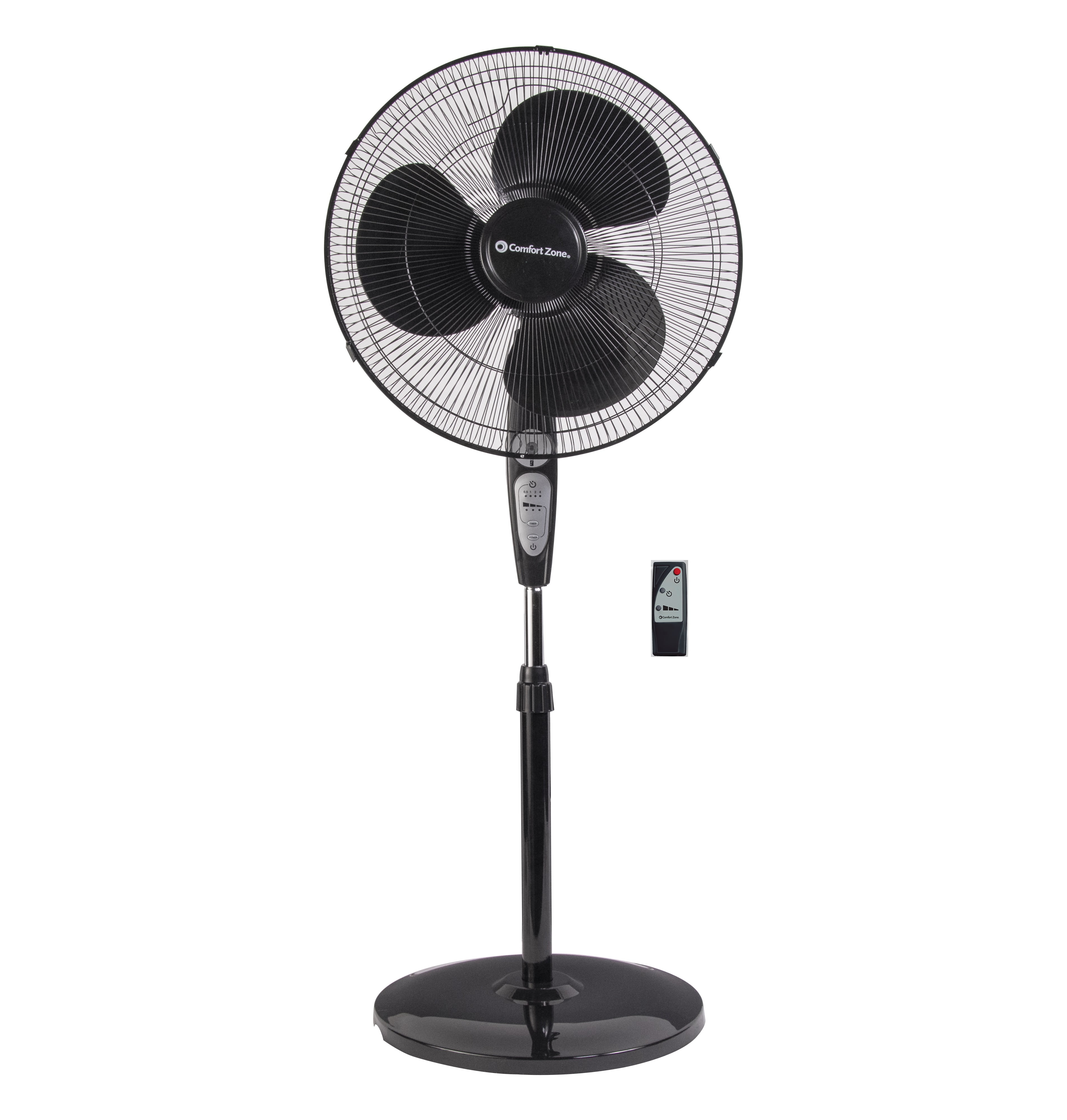 Comfort Zone 18” 3-Speed Oscillating Pedestal Fan with Remote Control,  Adjustable Height, Adjustable Tilt, and Built-in Timer for Auto Shutoff,  Black 