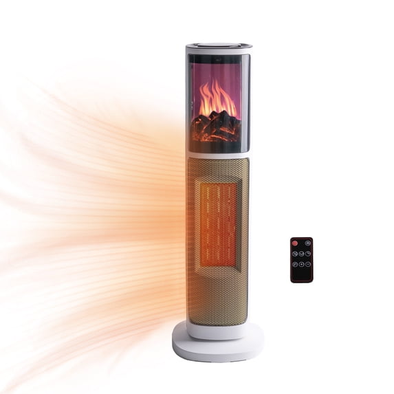 Comfort Zone 25 in White Oscillating Tower Space Heater with 3D Flame Effect and Remote Control