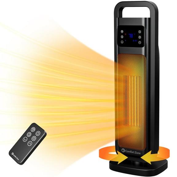Comfort Zone 26" Oscillating Digital Tower Heater with Remote Control, Black