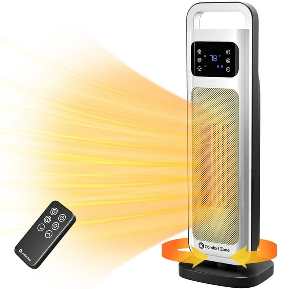 Comfort Zone 26" Oscillating Digital Tower Heater with Remote Control, White