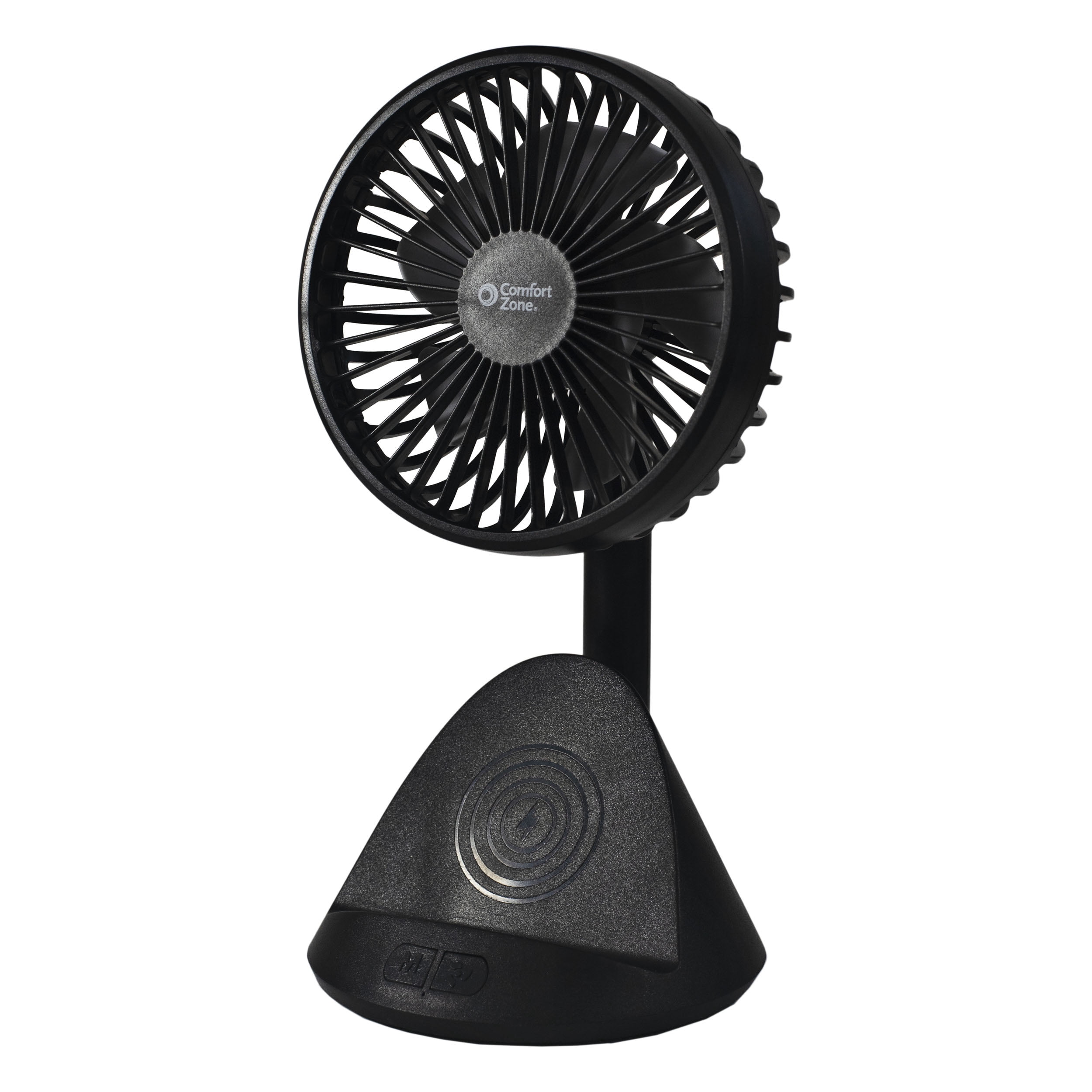 Comfort Zone 4” 3-Speed Rechargeable Fan w/Built-In Wireless Charger, Black