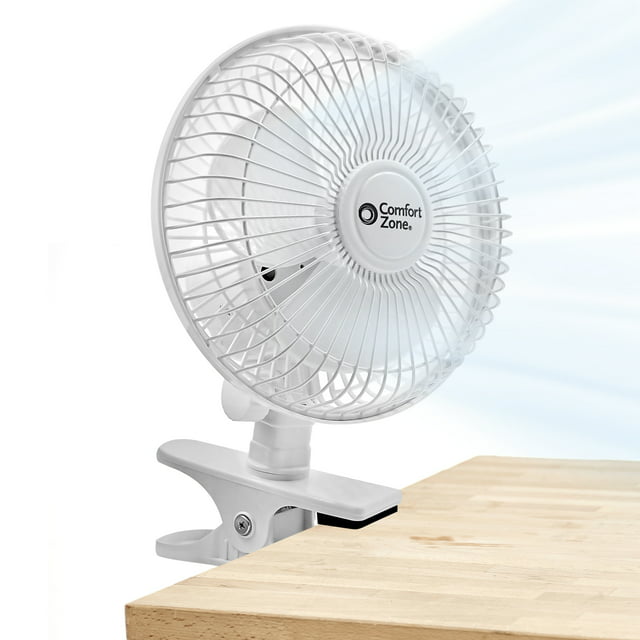 Comfort Zone 6" 2-Speed Portable, Indoor Desk Fan W/Clip, Adjustable Tilt, Rotates 360, White
